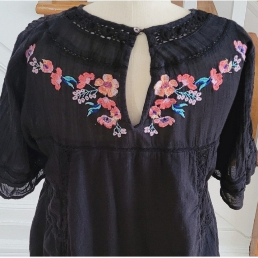 FREE PEOPLE Victorian Boho Embroidered Black Tunic Boho Dress Size Medium - Picture 4 of 8